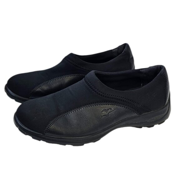 Flyflot Shoes - FlyFlot Womens Willow Slip On Sneaker, Black, Lycra, Leather, Comfort, Size 39/8
